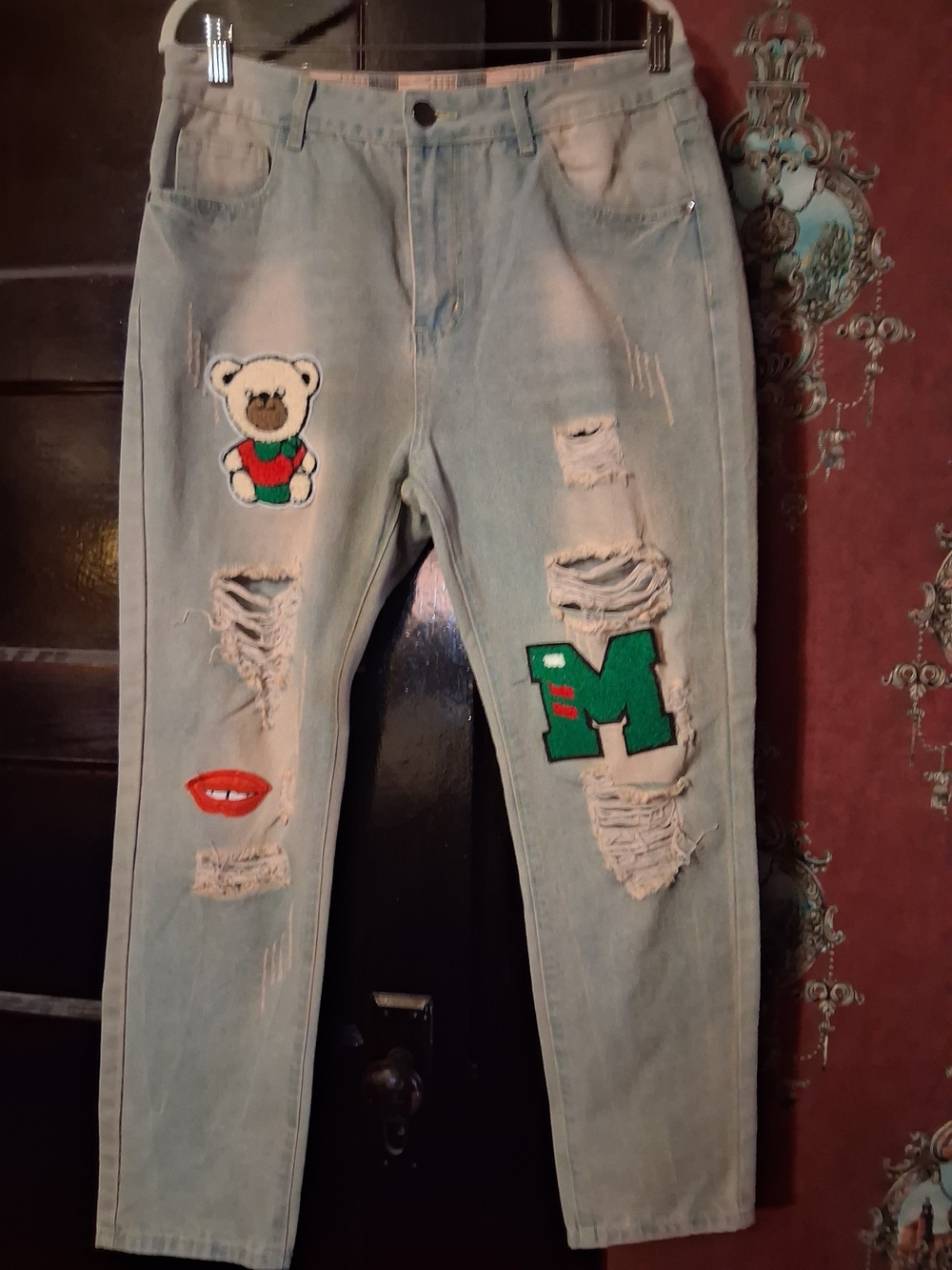 Light Wash Distressed Jeans with Teddy & Patch Accents